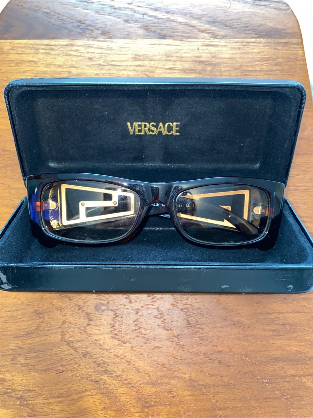 Versace women’s Black Rectangular Glasses with Gold Detailing